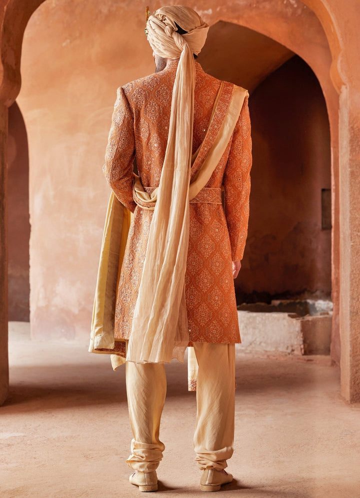Rust Red Front Cut Silk Sherwani WIth Beige Kurta Set Nitika Gujral - Men - Fabilicious Fashion
