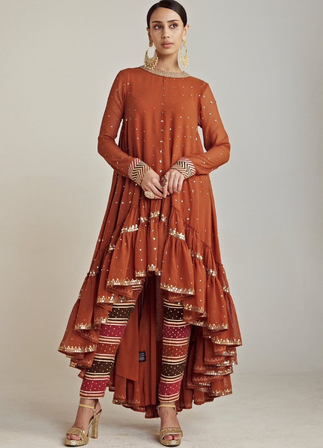 Rust Round Neck Asymmetrical Kurta Pant Set With Georgette Dupatta Vvani By Vani Vats - Fabilicious Fashion