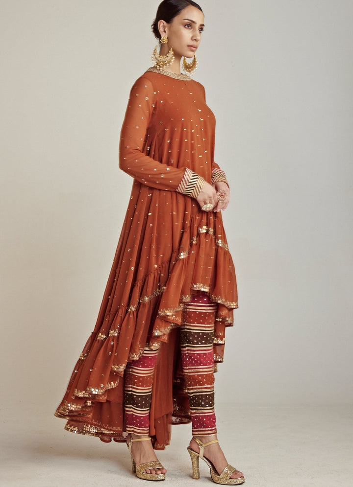 Rust Round Neck Asymmetrical Kurta Pant Set With Georgette Dupatta Vvani By Vani Vats - Fabilicious Fashion