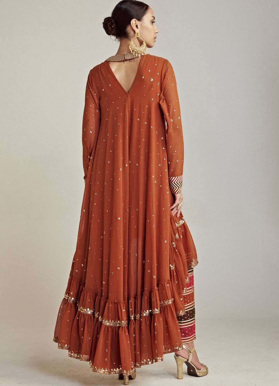 Rust Round Neck Asymmetrical Kurta Pant Set With Georgette Dupatta Vvani By Vani Vats - Fabilicious Fashion