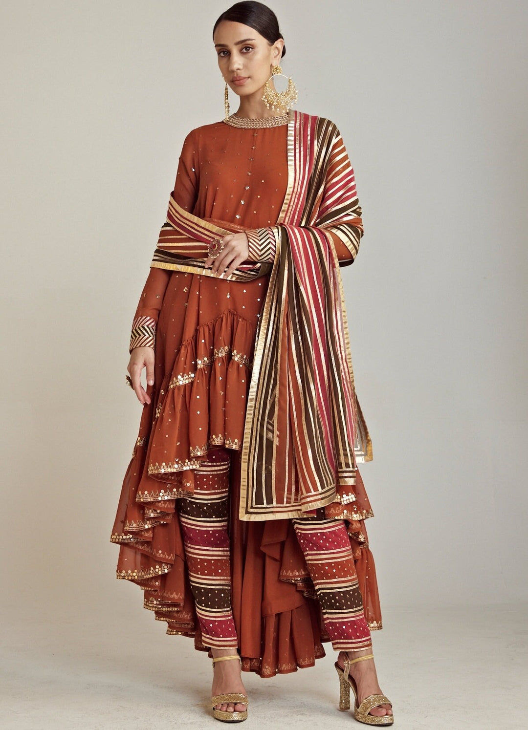 Rust Round Neck Asymmetrical Kurta Pant Set With Georgette Dupatta Vvani By Vani Vats - Fabilicious Fashion