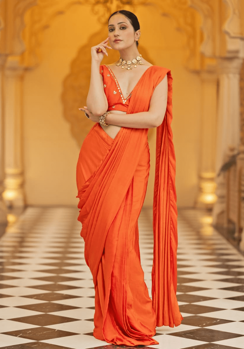 Rust Satin Pre Draped Saree Set Esha Koul - Fabilicious Fashion