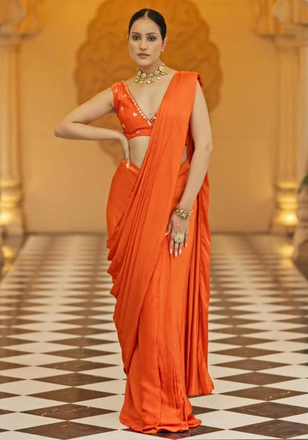 Rust Satin Pre Draped Saree Set Esha Koul - Fabilicious Fashion