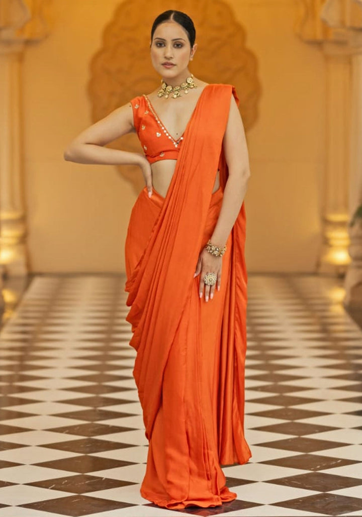 Rust Satin Pre Draped Saree Set Esha Koul - Fabilicious Fashion