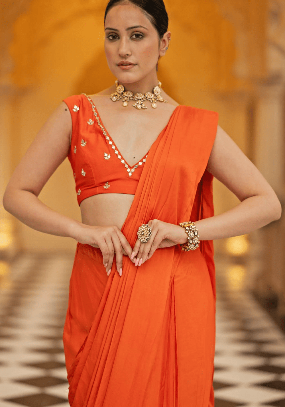 Rust Satin Pre Draped Saree Set Esha Koul - Fabilicious Fashion