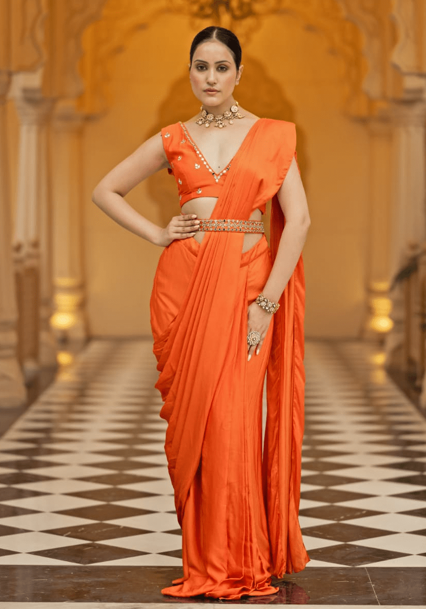 Rust Satin Pre Draped Saree Set Esha Koul - Fabilicious Fashion