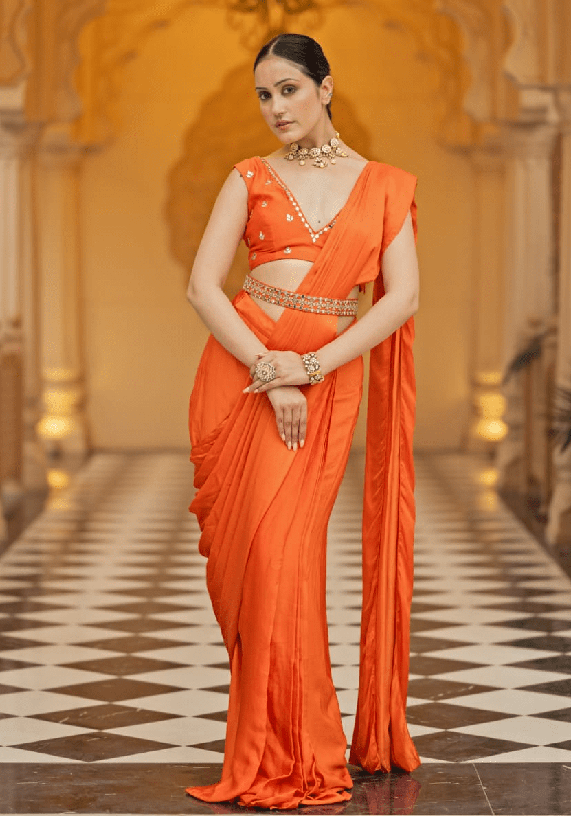 Rust Satin Pre Draped Saree Set Esha Koul - Fabilicious Fashion