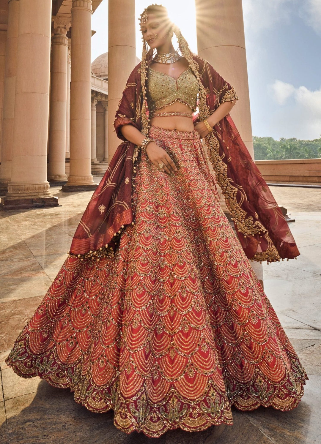 Rust Taffetta Lehenga With Olive, Maroon Tissue Dupatta And Belt Nitika Gujral - Fabilicious Fashion