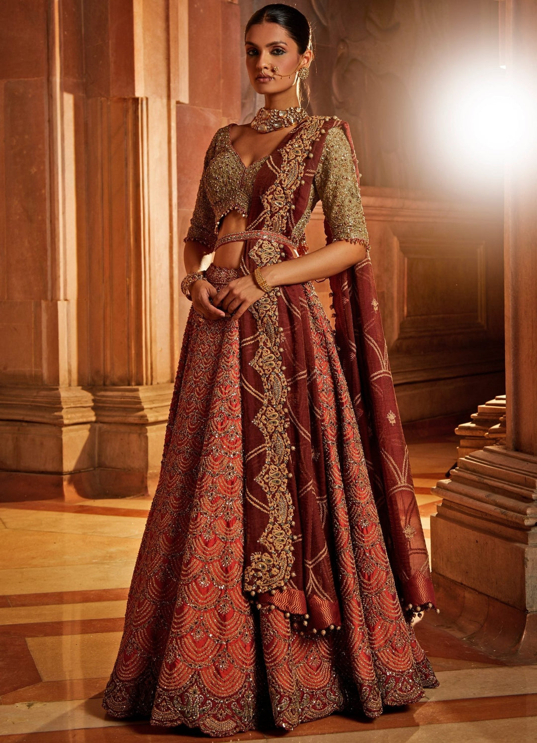 Rust Taffetta Lehenga With Olive, Maroon Tissue Dupatta And Belt Nitika Gujral - Fabilicious Fashion