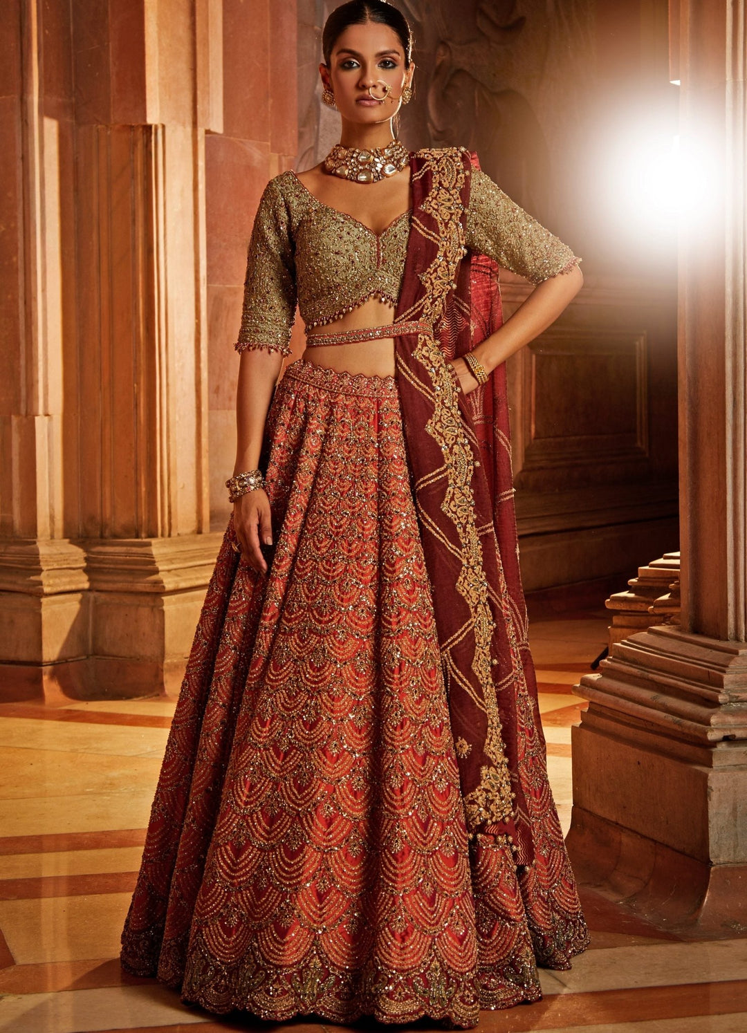 Rust Taffetta Lehenga With Olive, Maroon Tissue Dupatta And Belt Nitika Gujral - Fabilicious Fashion