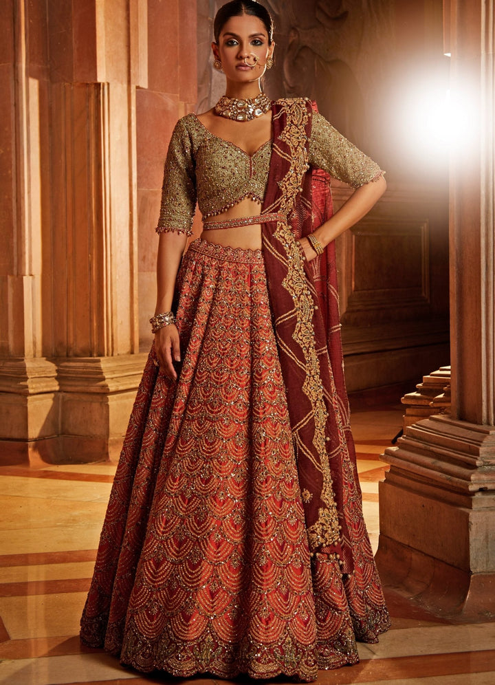Rust Taffetta Lehenga With Olive, Maroon Tissue Dupatta And Belt Nitika Gujral - Fabilicious Fashion