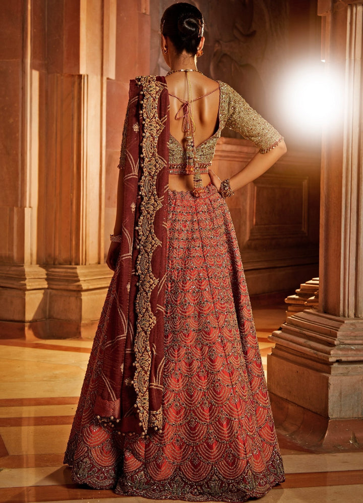 Rust Taffetta Lehenga With Olive, Maroon Tissue Dupatta And Belt Nitika Gujral - Fabilicious Fashion