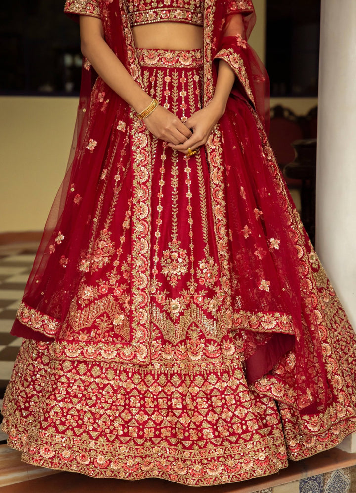 Saarika Maroon Double Dupatta Embroidered Silk Lehenga Set Angad Singh - Fabilicious Fashion