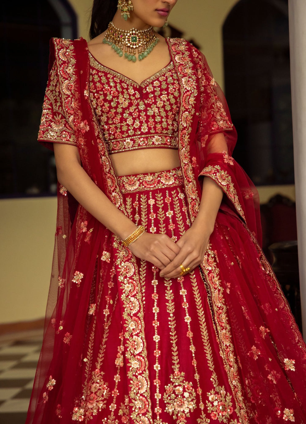 Saarika Maroon Double Dupatta Embroidered Silk Lehenga Set Angad Singh - Fabilicious Fashion