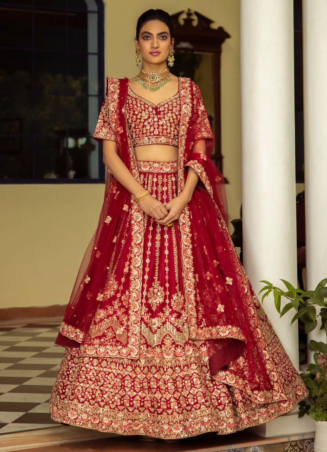 Saarika Maroon Double Dupatta Embroidered Silk Lehenga Set Angad Singh - Fabilicious Fashion