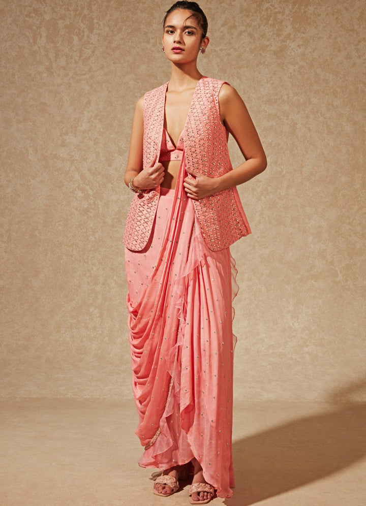 Sachi Pink Drape Sari With Jacket Chamee n Palak - Fabilicious Fashion