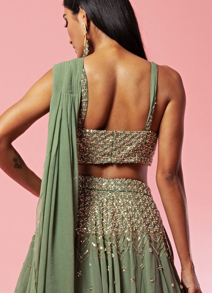 Sage Green Drape Lehenga Set QAT By Agni - Fabilicious Fashion