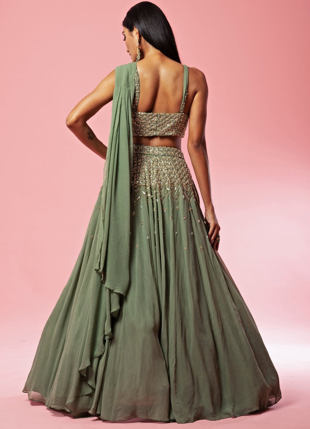 Sage Green Drape Lehenga Set QAT By Agni - Fabilicious Fashion