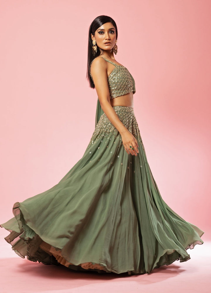 Sage Green Drape Lehenga Set QAT By Agni - Fabilicious Fashion