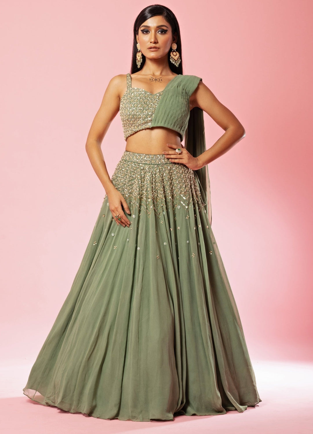 Sage Green Drape Lehenga Set QAT By Agni - Fabilicious Fashion