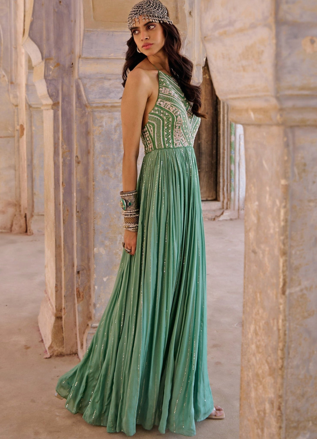 Sage Green Embroidered Anarkali Gown Chamee n Palak - Fabilicious Fashion