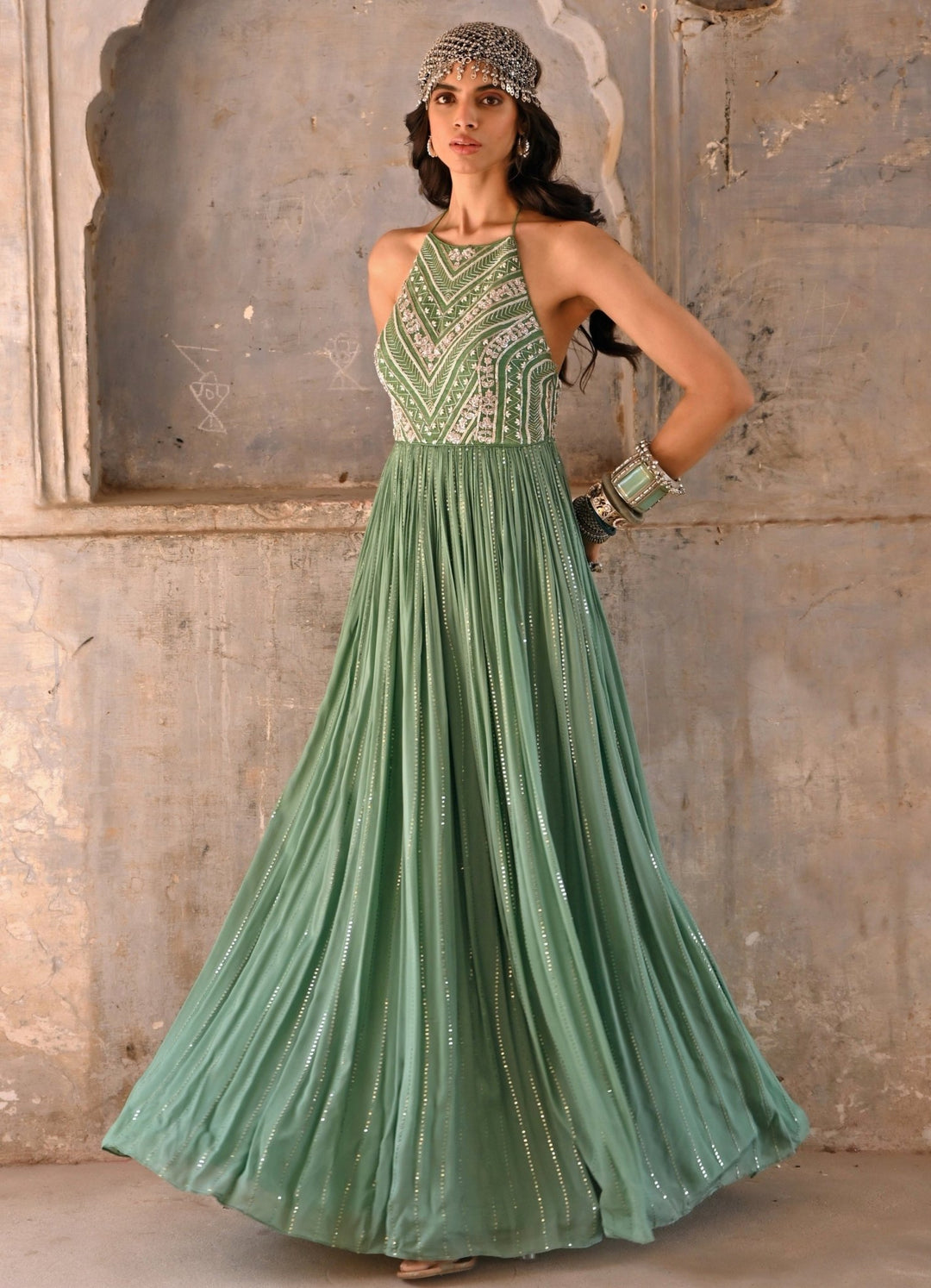 Sage Green Embroidered Anarkali Gown Chamee n Palak - Fabilicious Fashion