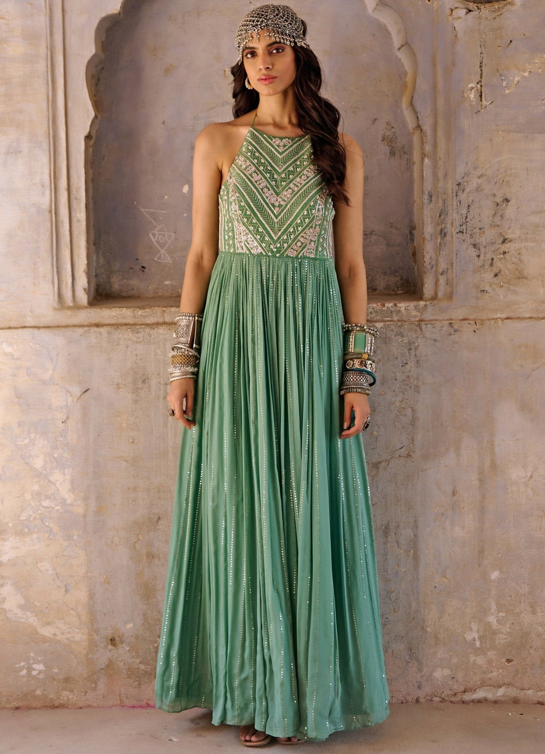 Sage Green Embroidered Anarkali Gown Chamee n Palak - Fabilicious Fashion