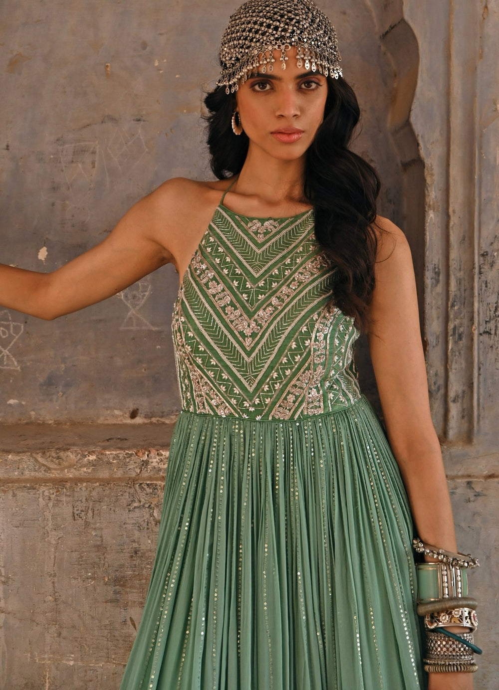 Sage Green Embroidered Anarkali Gown Chamee n Palak - Fabilicious Fashion