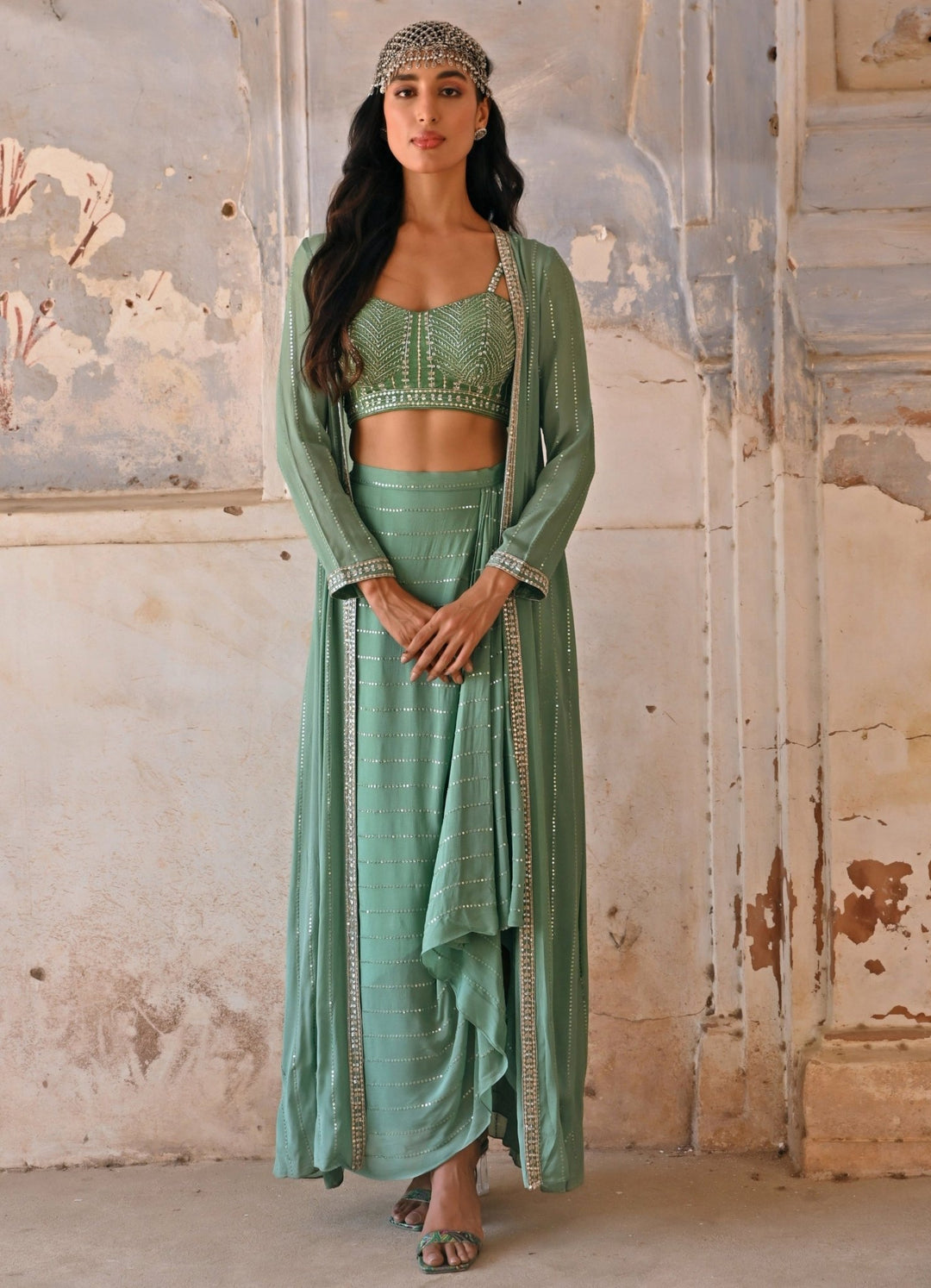 Sage Green Embroidered Drape Lehenga Set Chamee n Palak - Fabilicious Fashion