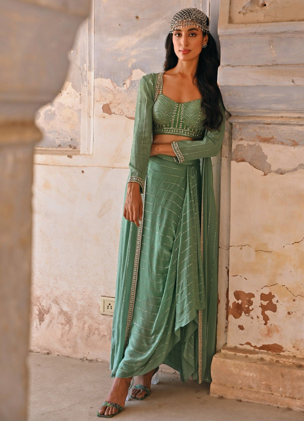 Sage Green Embroidered Drape Lehenga Set Chamee n Palak - Fabilicious Fashion