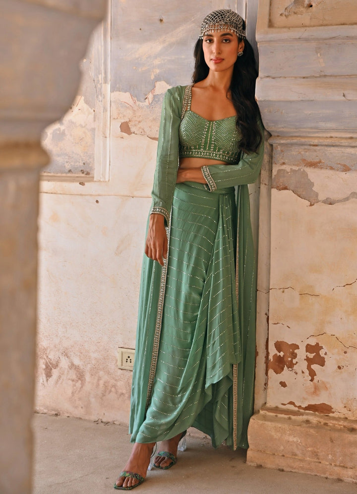 Sage Green Embroidered Drape Lehenga Set Chamee n Palak - Fabilicious Fashion