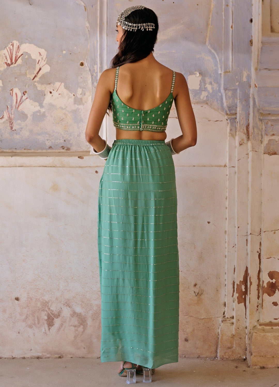 Sage Green Embroidered Drape Lehenga Set Chamee n Palak - Fabilicious Fashion