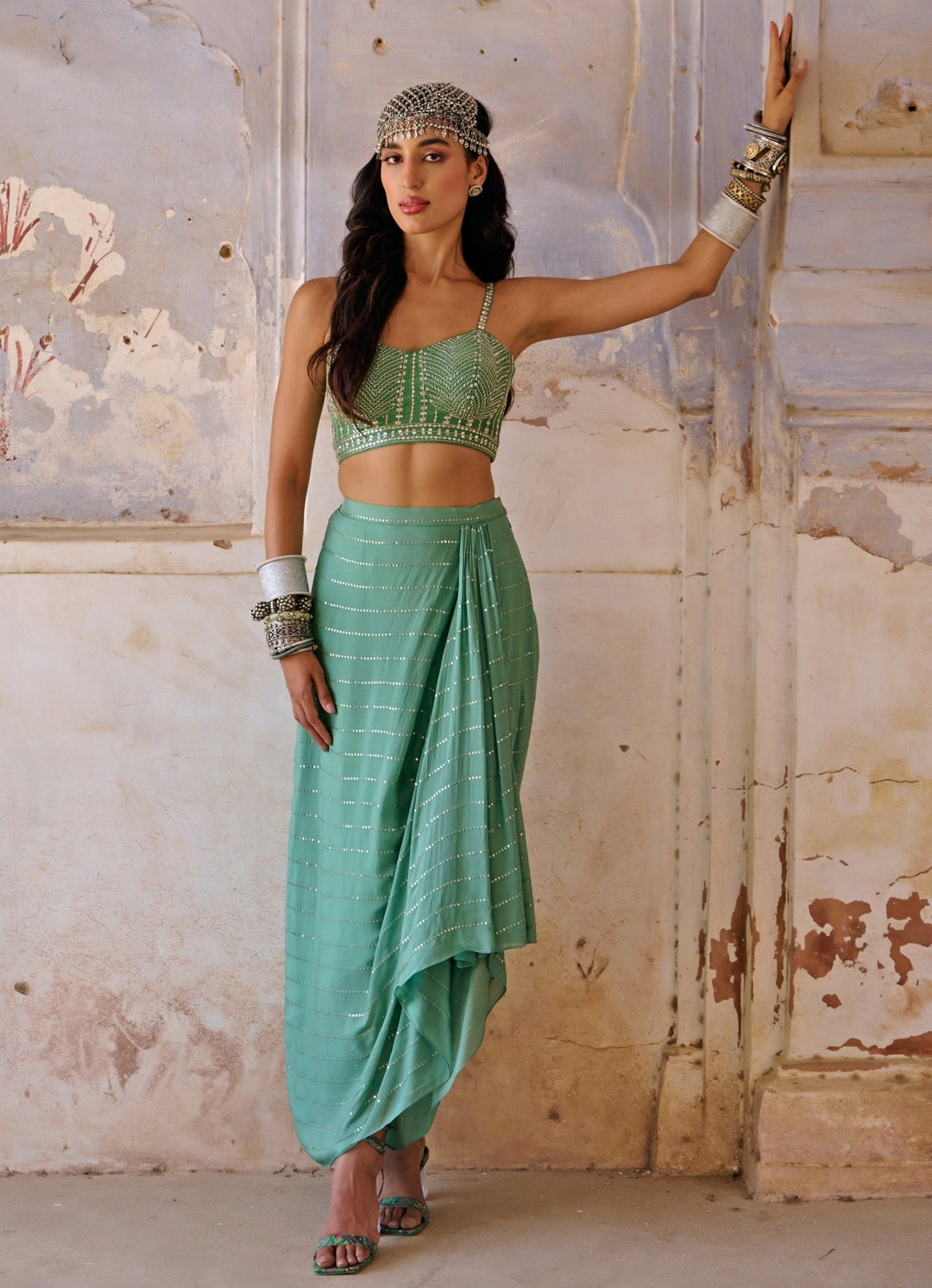 Sage Green Embroidered Drape Lehenga Set Chamee n Palak - Fabilicious Fashion