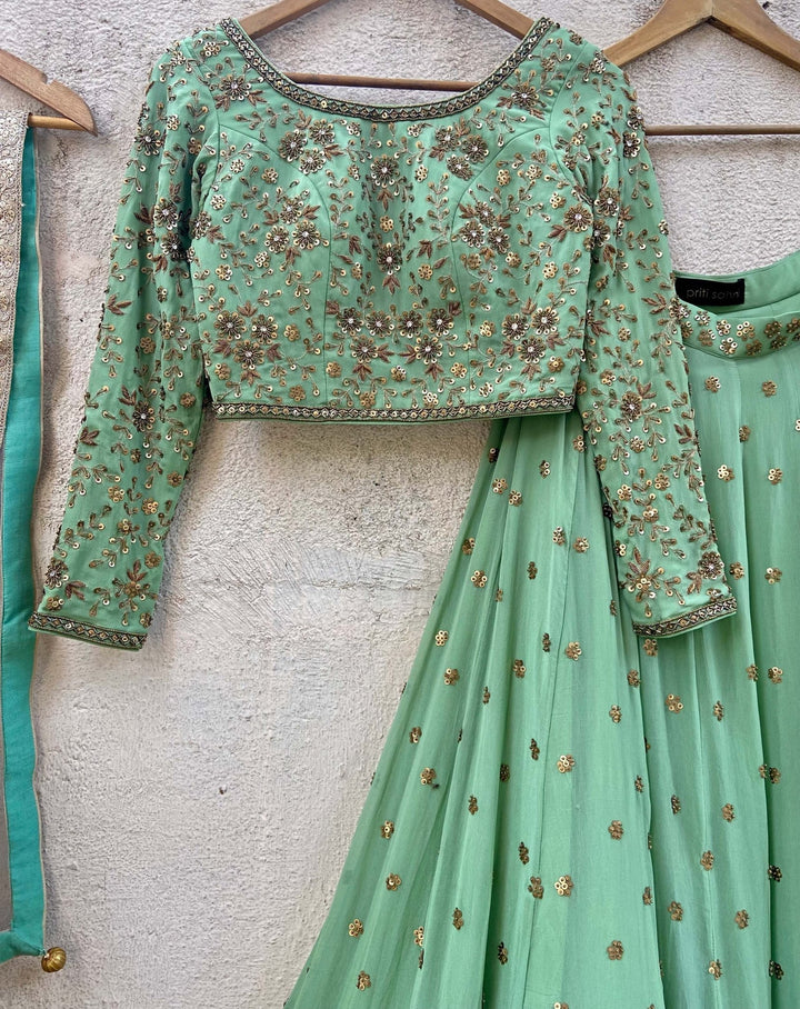 Sage Green Embroidered Lehenga Set Priti Sahni - Fabilicious Fashion