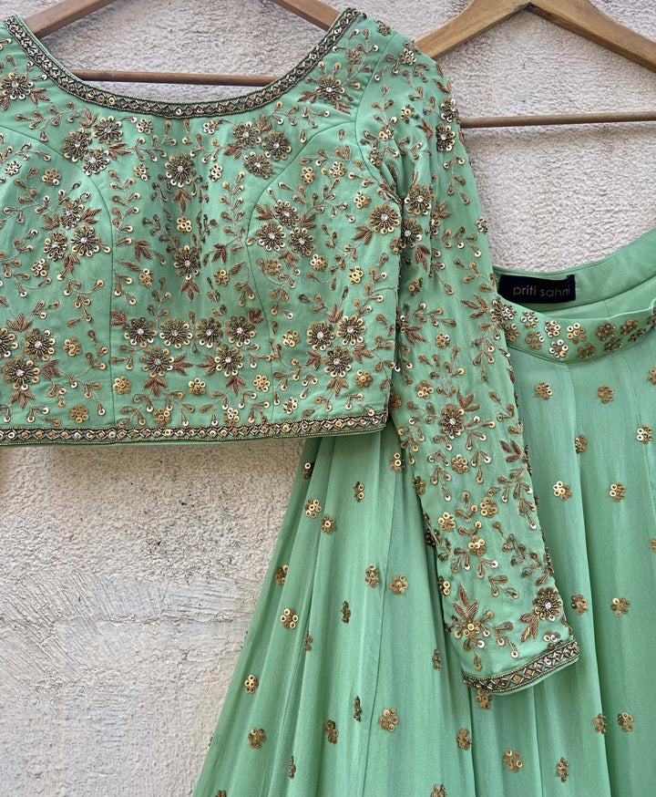 Sage Green Embroidered Lehenga Set Priti Sahni - Fabilicious Fashion