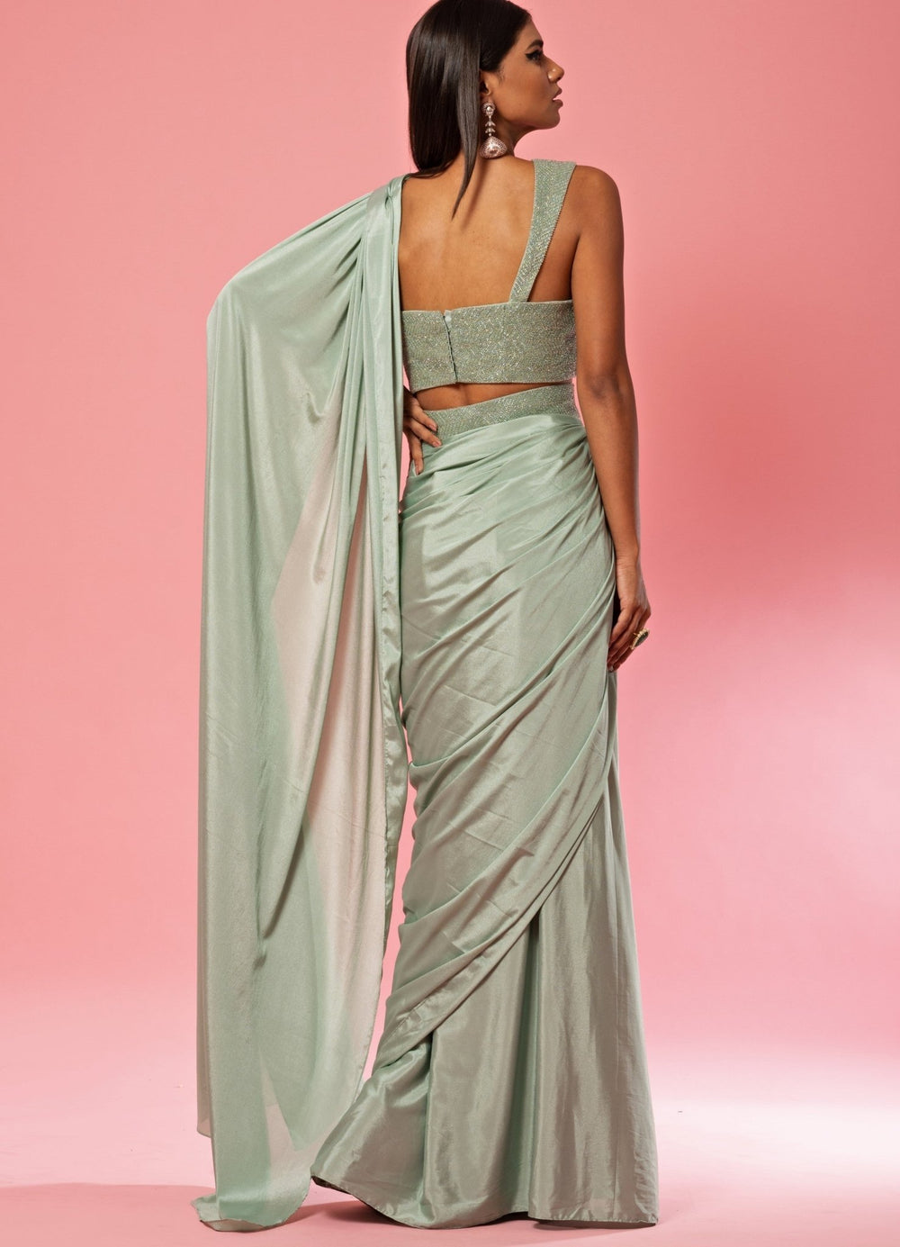 Sage Green Hand Embroidered Pre Draped Saree Quench A Thirst - Fabilicious Fashion