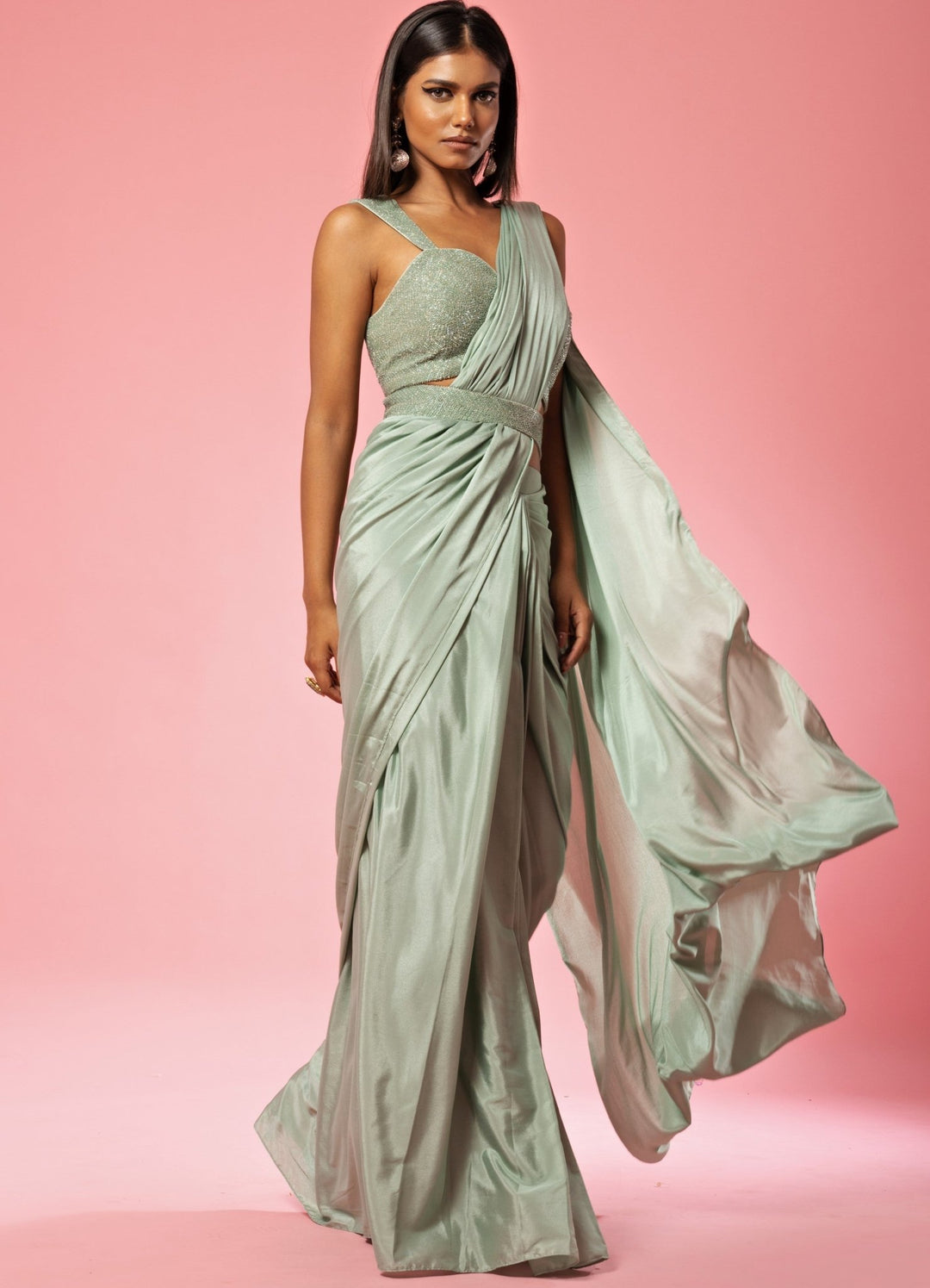 Sage Green Hand Embroidered Pre Draped Saree Quench A Thirst - Fabilicious Fashion