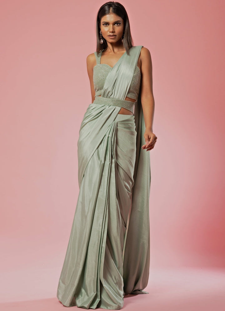 Sage Green Hand Embroidered Pre Draped Saree Quench A Thirst - Fabilicious Fashion