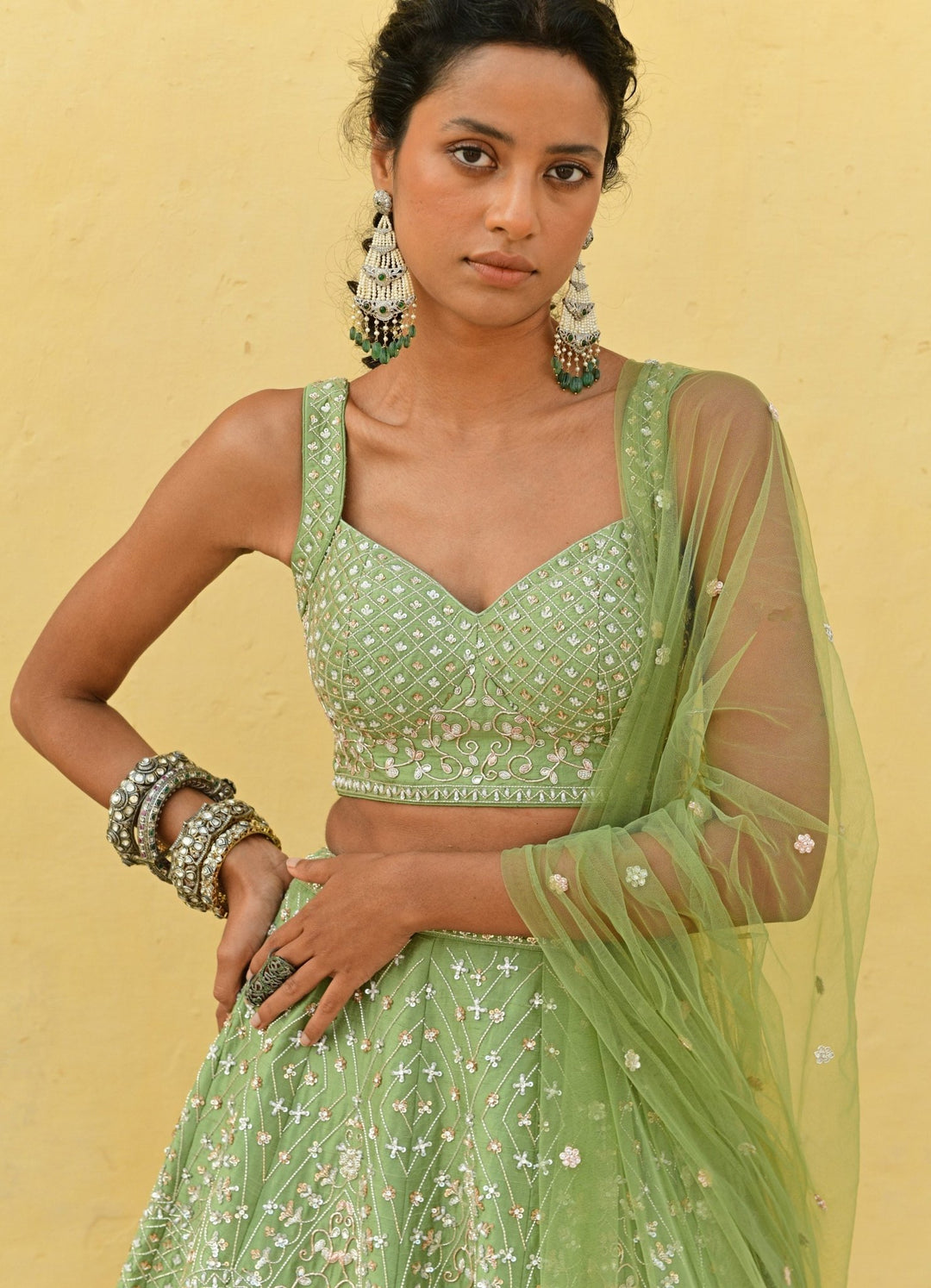 Chamee and Palak Sage Green Jaal Embroidered Lehenga SetFabilicious Fashion