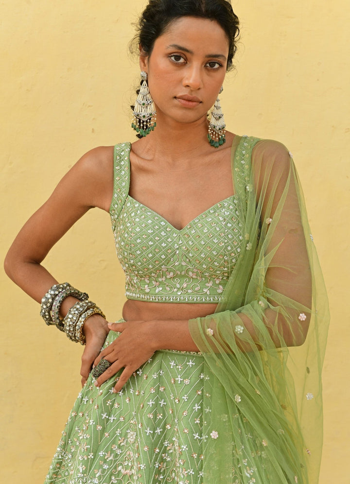 Chamee and Palak Sage Green Jaal Embroidered Lehenga SetFabilicious Fashion
