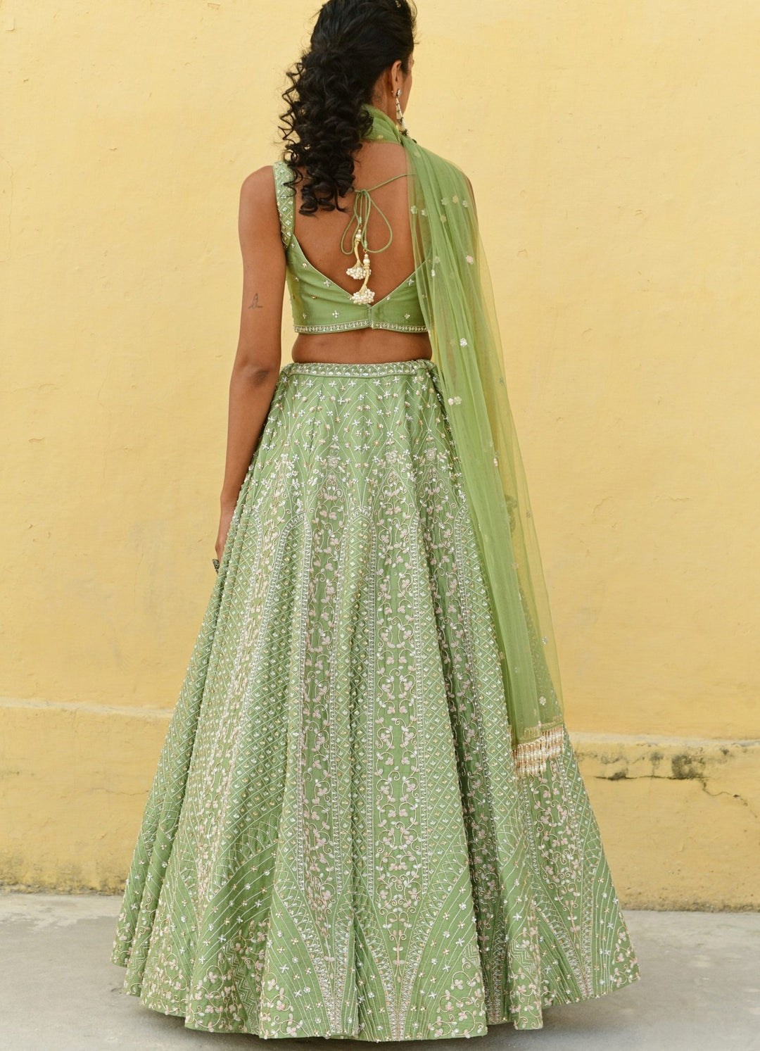Chamee and Palak Sage Green Jaal Embroidered Lehenga SetFabilicious Fashion