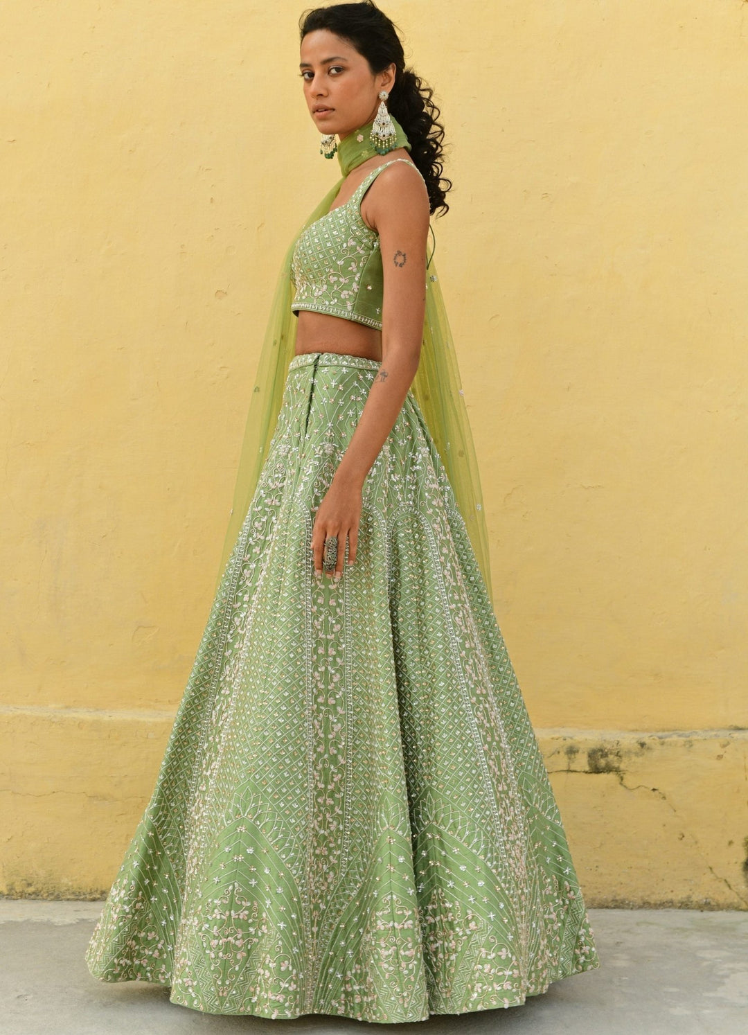 Chamee and Palak Sage Green Jaal Embroidered Lehenga SetFabilicious Fashion