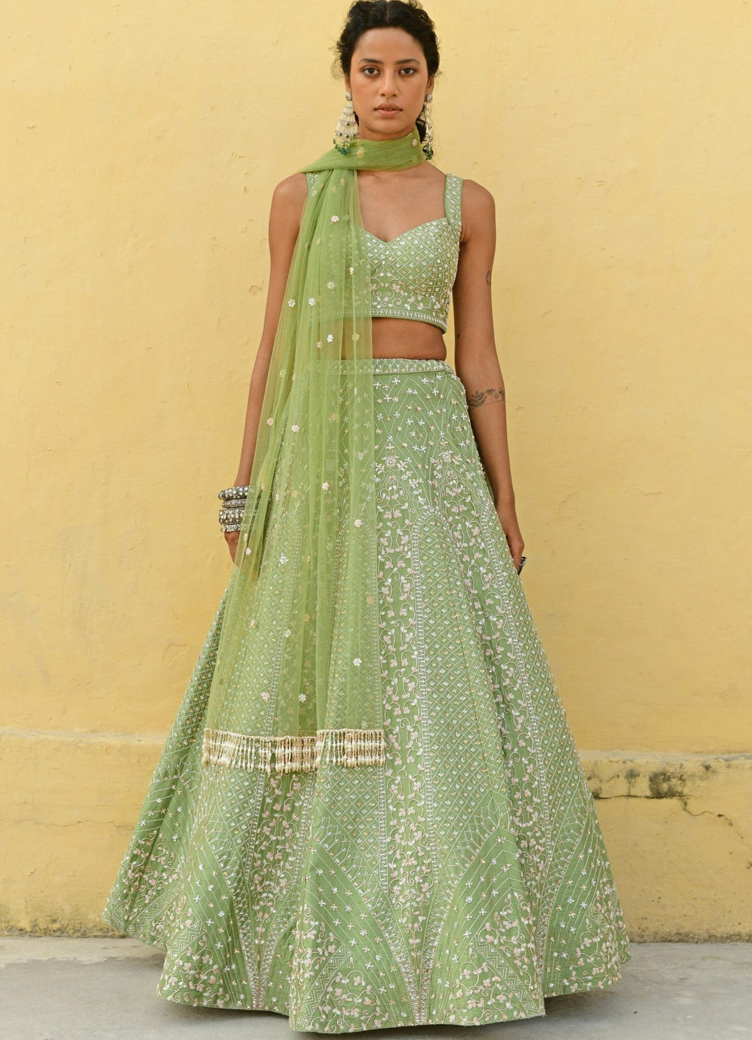 Chamee and Palak Sage Green Jaal Embroidered Lehenga SetFabilicious Fashion