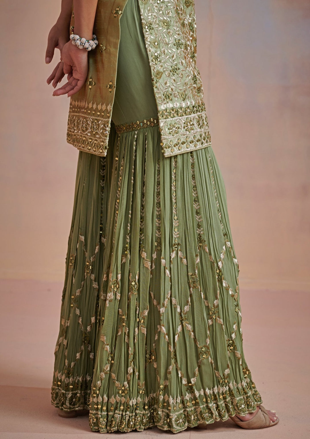 Sage Green Resham Mirror Silk Kurta set Suhino - Fabilicious Fashion