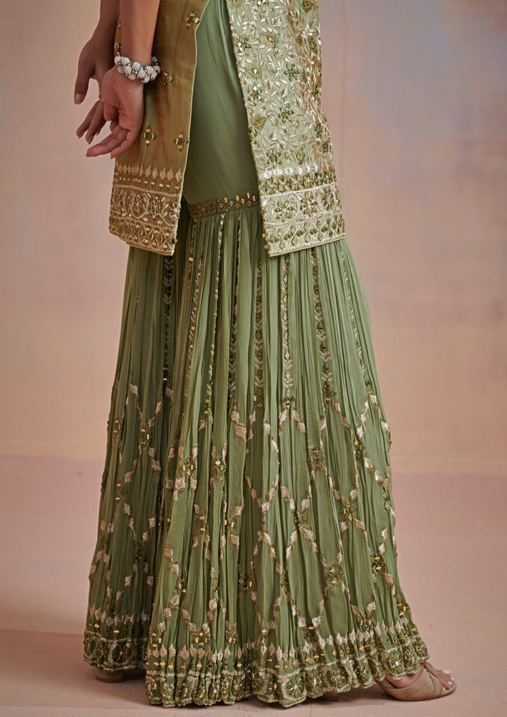 Sage Green Resham Mirror Silk Kurta set Suhino - Fabilicious Fashion