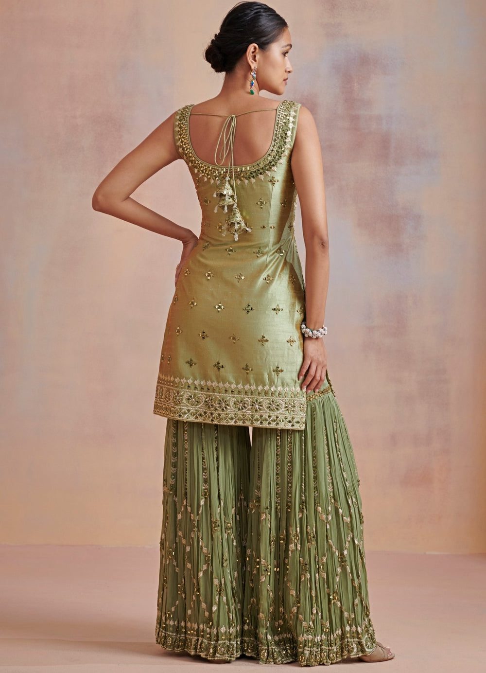 Sage Green Resham Mirror Silk Kurta set Suhino - Fabilicious Fashion