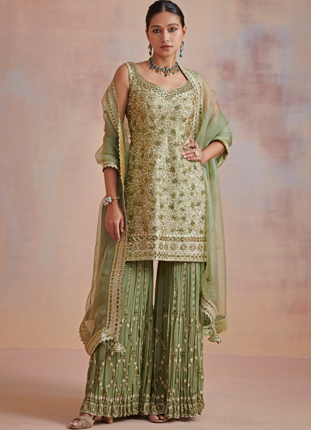 Sage Green Resham Mirror Silk Kurta set Suhino - Fabilicious Fashion