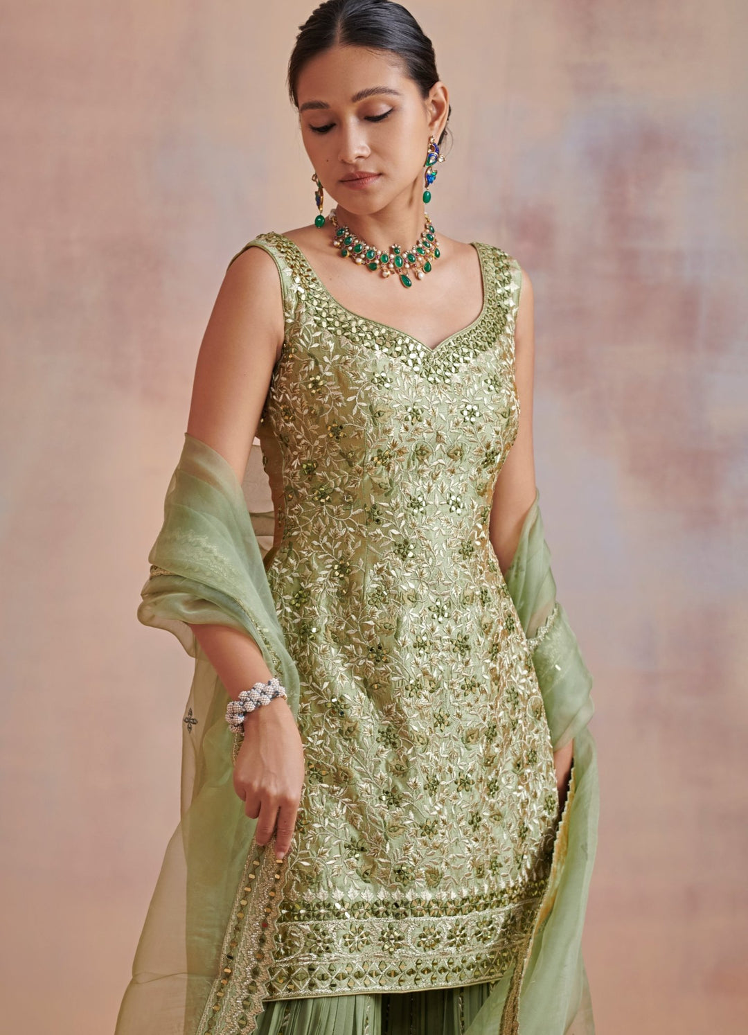 Sage Green Resham Mirror Silk Kurta set Suhino - Fabilicious Fashion