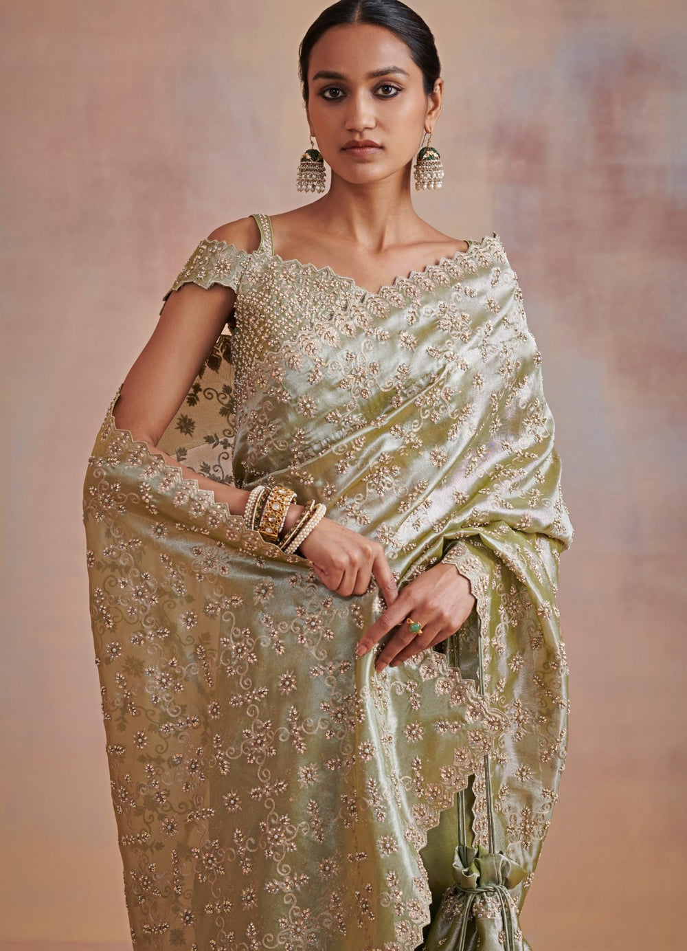 Sage green tissue saree With Embroidered blouse Suhino - Fabilicious Fashion
