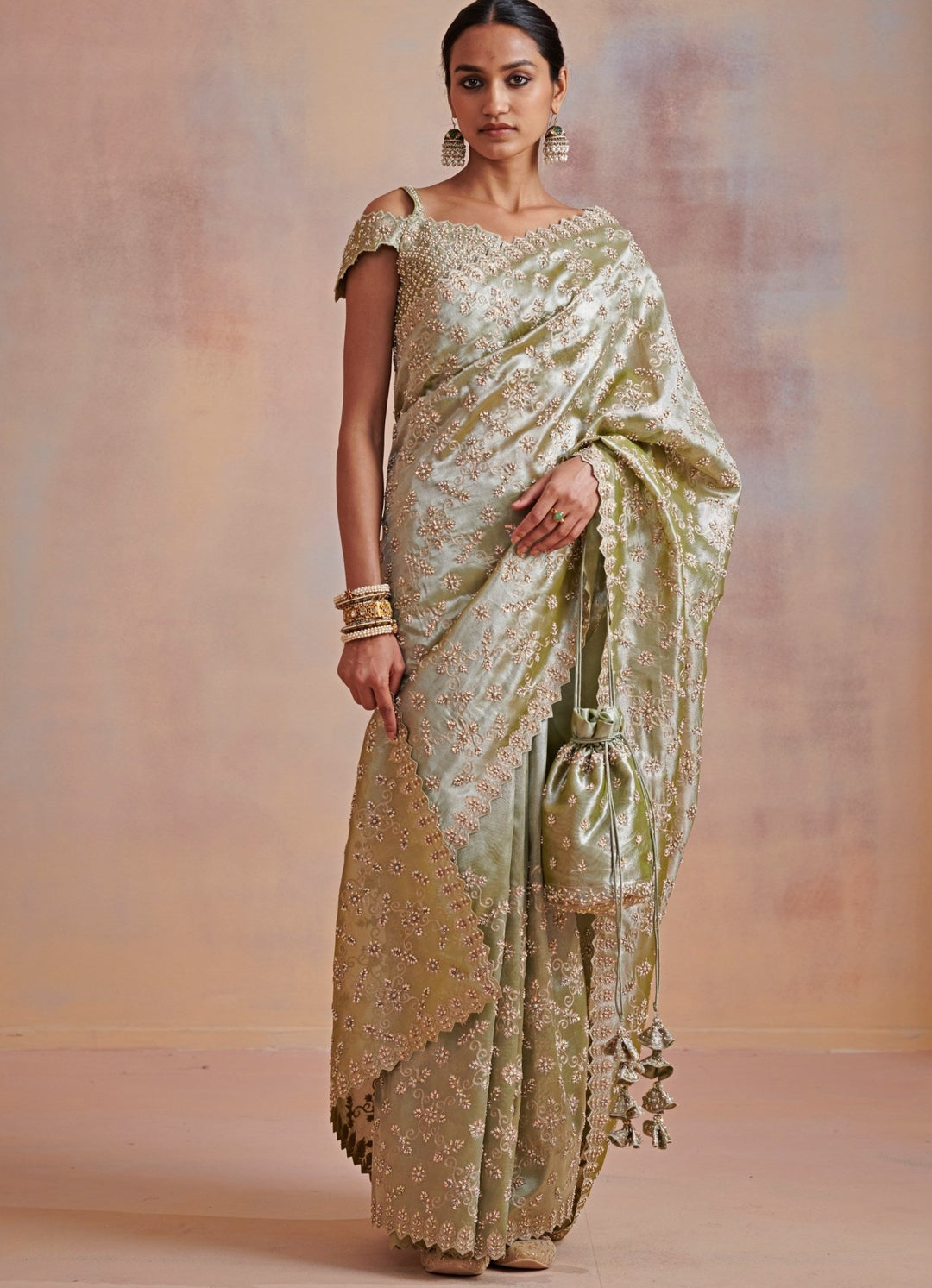 Sage green tissue saree With Embroidered blouse Suhino - Fabilicious Fashion